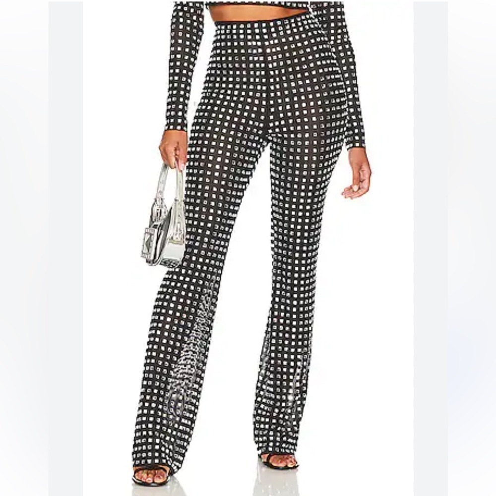 NBD Zenni Pants Black & Silver flares mirrored jeweled stretch Revolve NWT M
